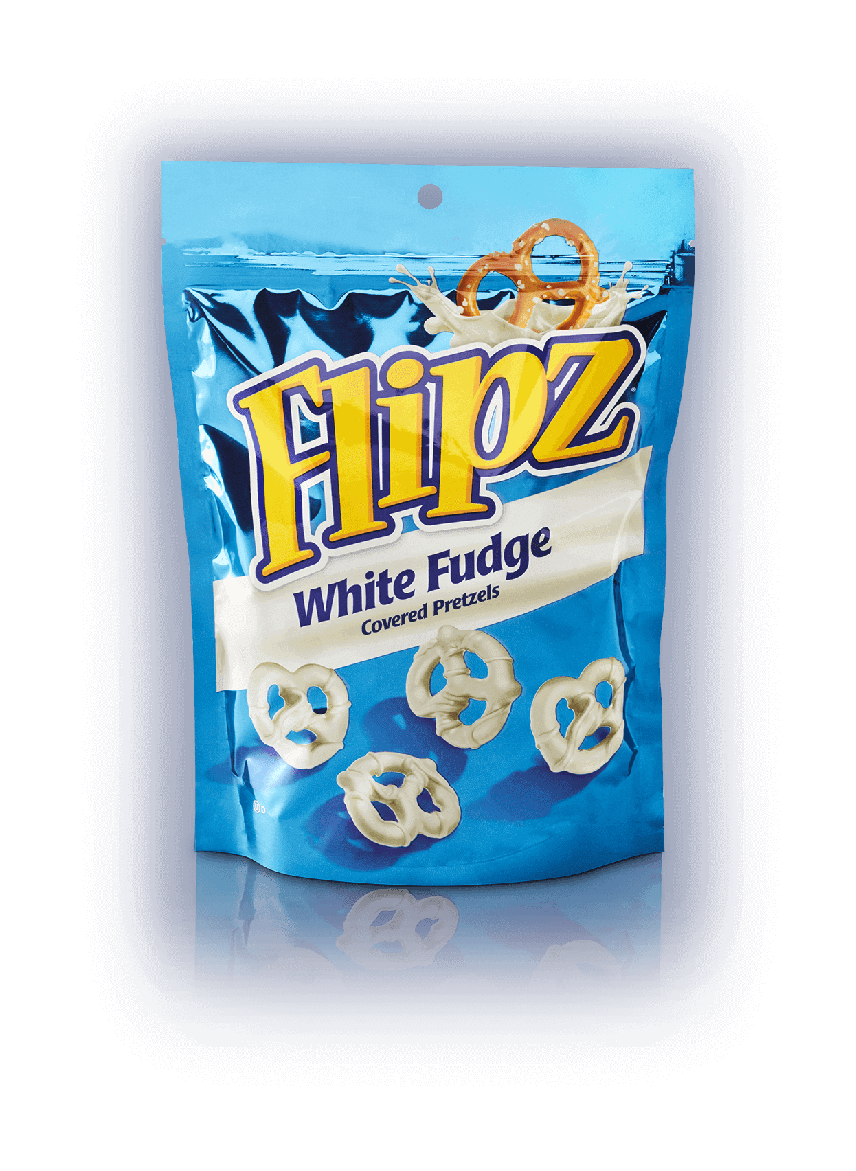 Image of blue Flipz bag of white fudge covered pretzels