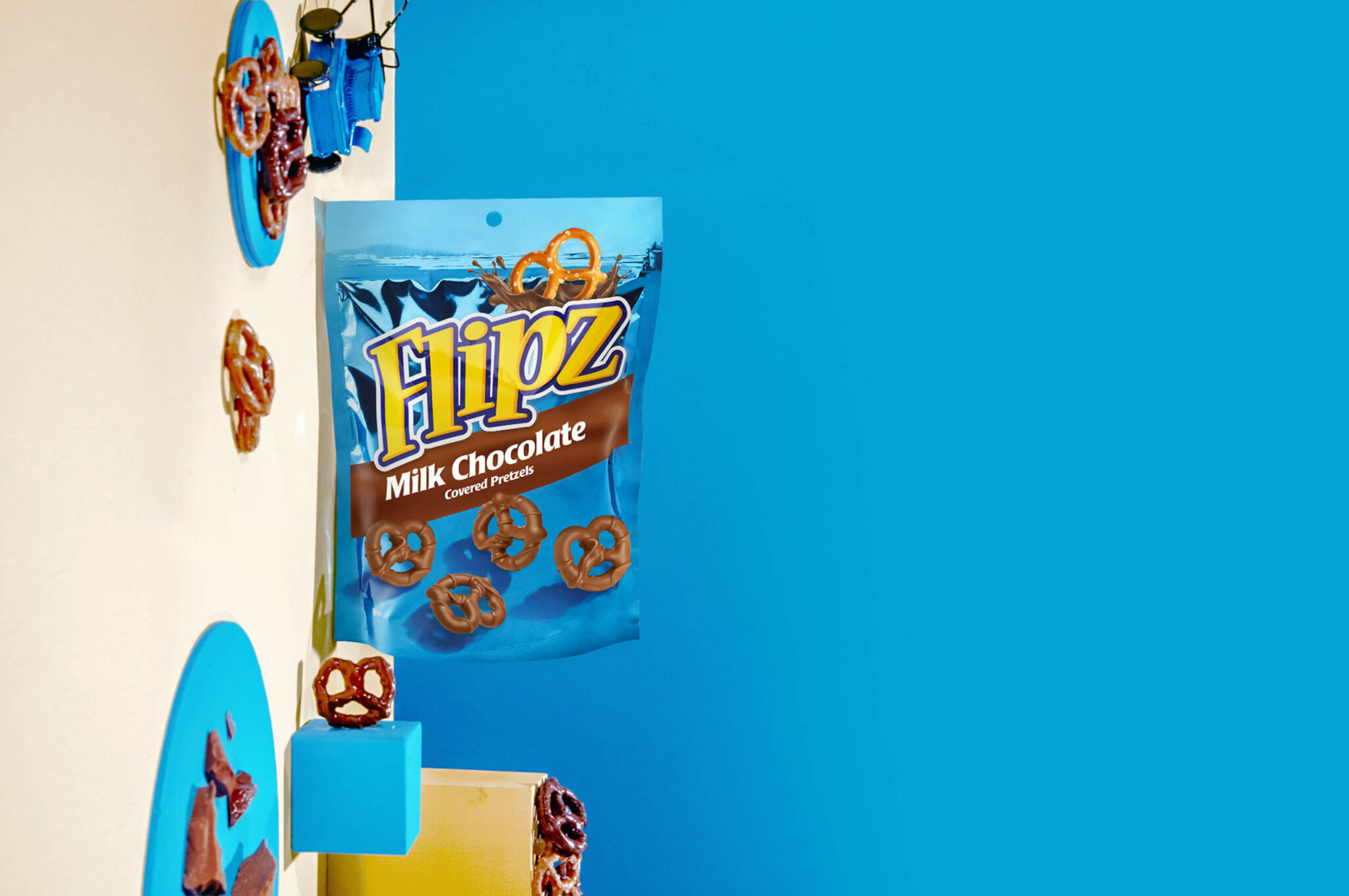 Flipz chocolate covered pretzels in blue bag