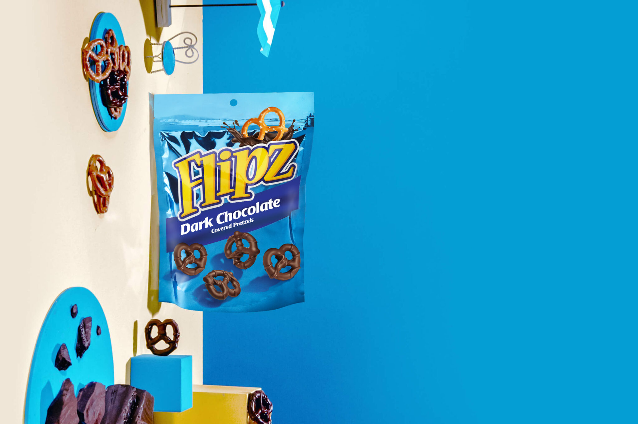 Bright blue bag of Flipz dark chocolate covered pretzels
