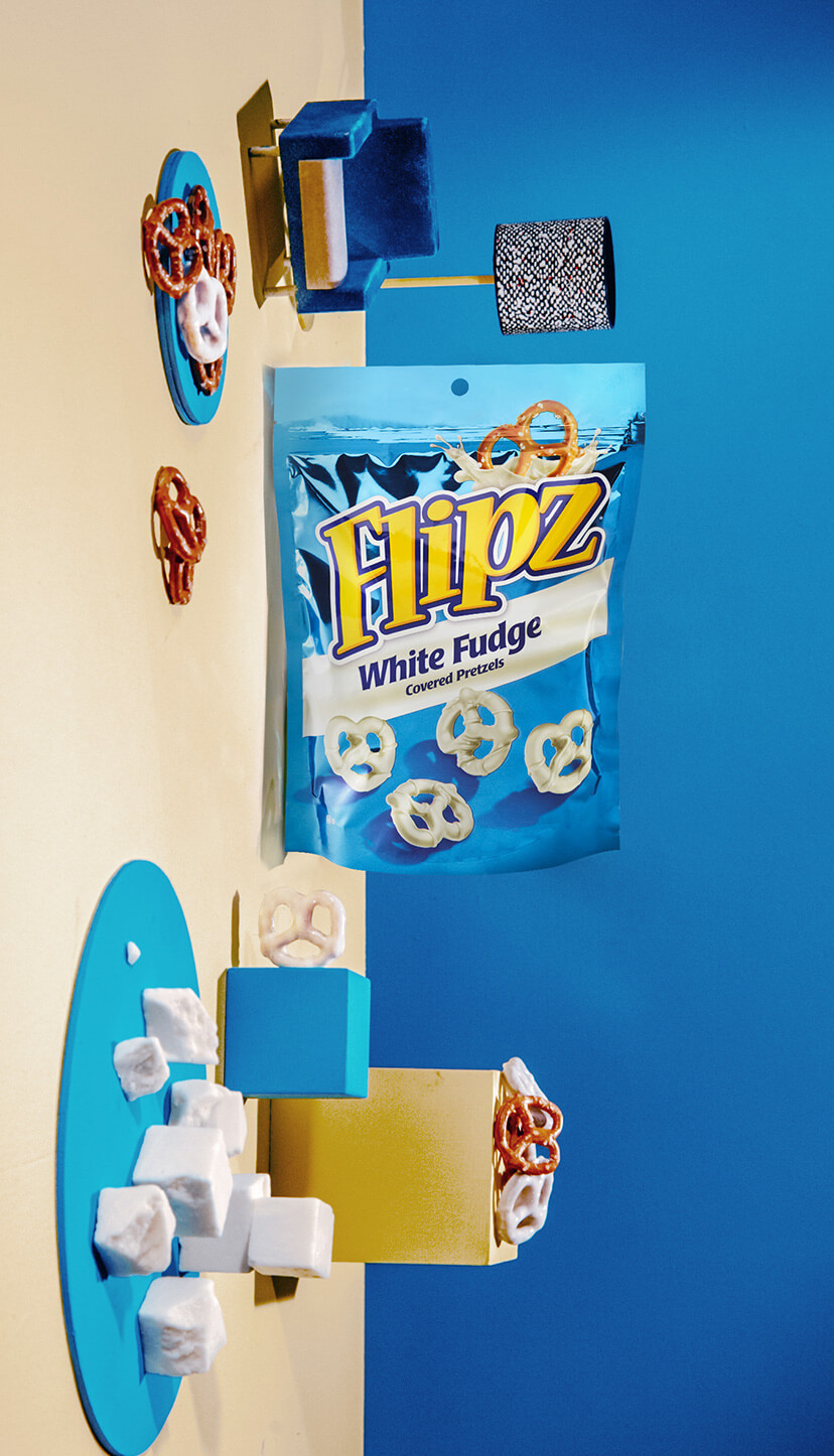 White chocolate covered fudge bag of Flipz pretzels