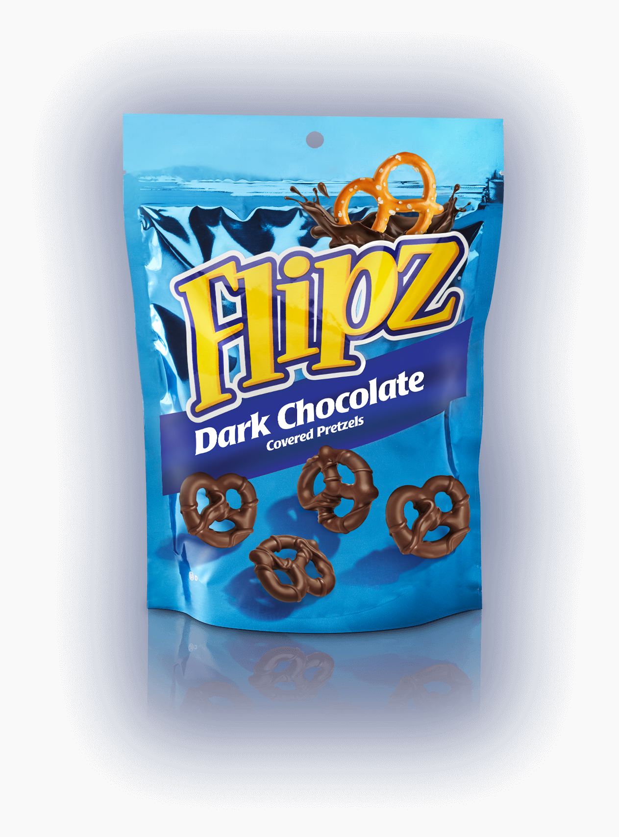 Blue bag of Flipz dark chocolate covered pretzels
