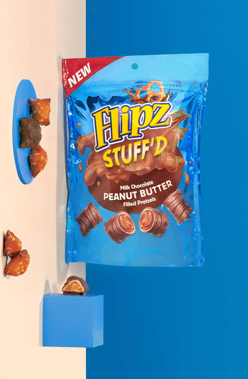 Blue bag of Flipz stuffed peanut butter pretzels